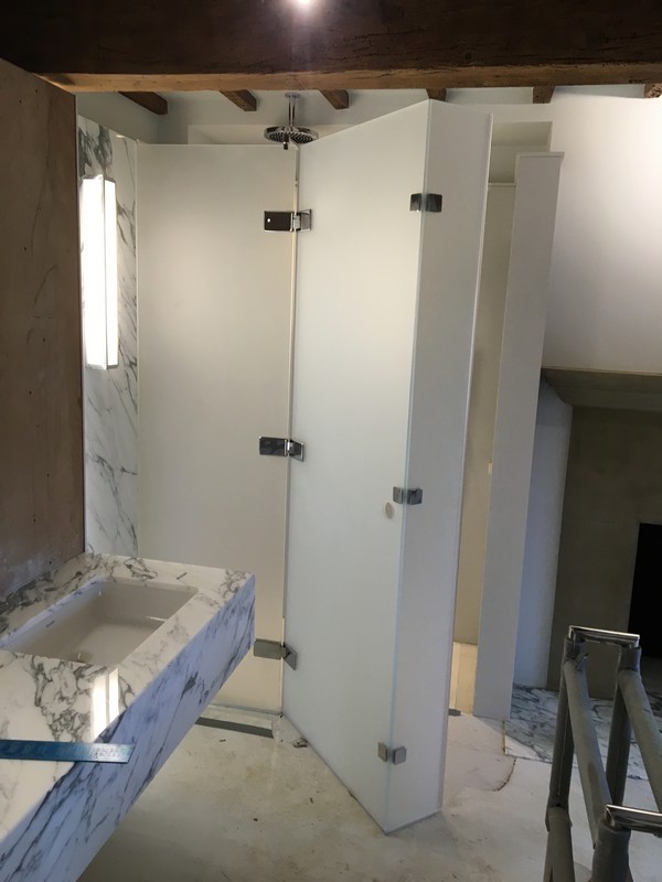 Bespoke frosted glass shower enclosure in Watford luxury bathroom