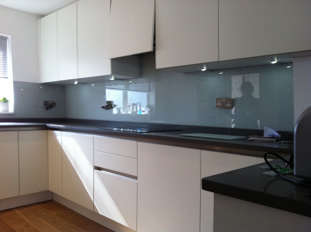 Grey glass kitchen splashback with LED lighting in Watford